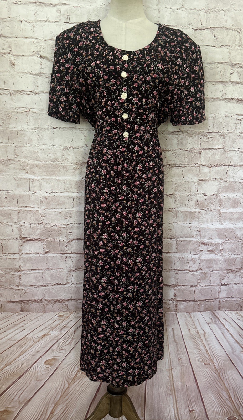 Betsy Lauren Dress 12 Vintage 80/90s Black Floral Ditsy Teacher Modest Tie Back