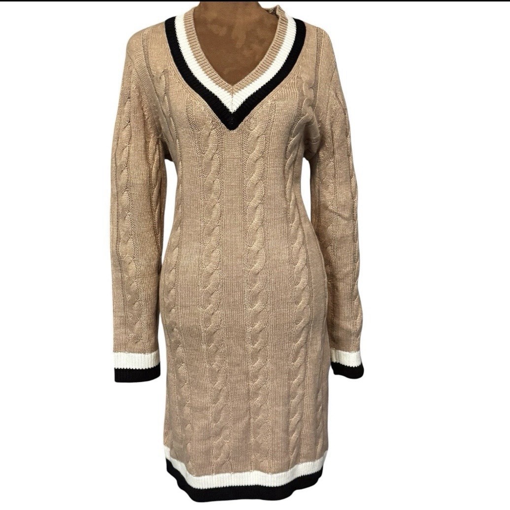 Tommy Hilfiger Chunky Cable Knit Varsity Dress M V Neck Camel Preppy Old Money