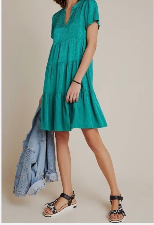 Anthropologie Maeve Tania Dress Green Leopard Print Size Large Brand New Preppy