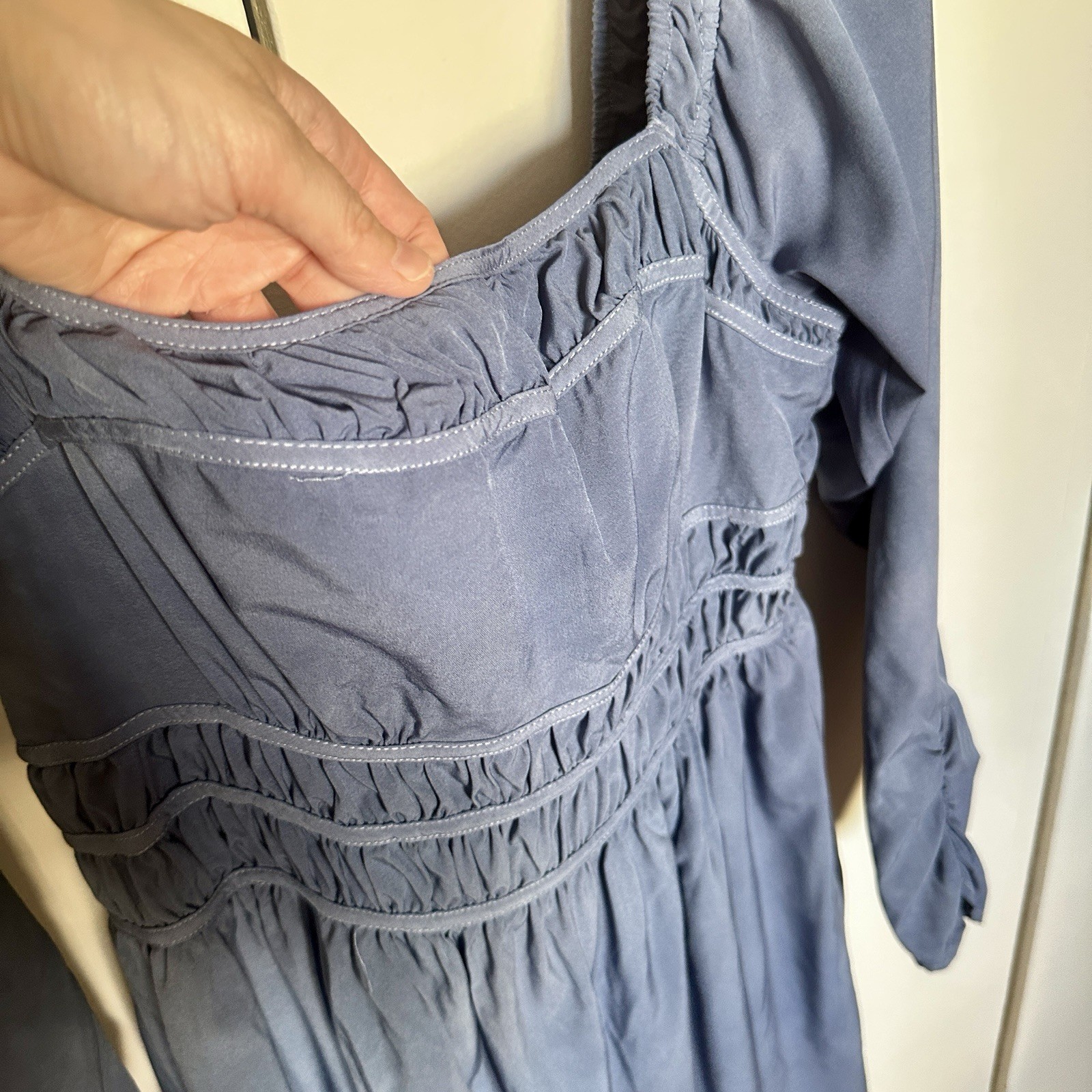 ASTR The Label Blue Dyed Smocked Puff Long Sleeve Mini Babydoll Peasant Dress L