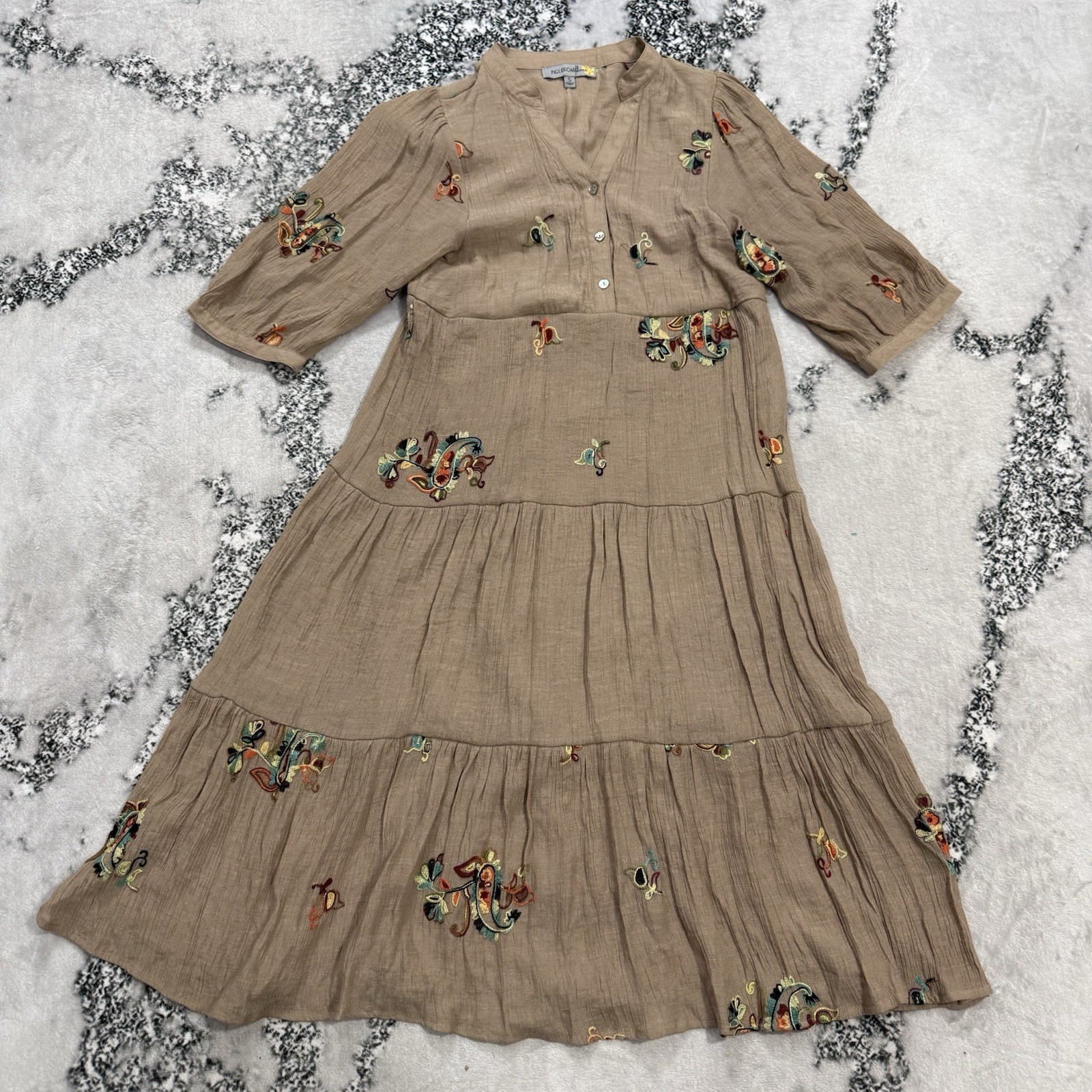 Figueroa 7 Flower Womens Small embroidered Paisley Tiered Midi Dress Boho Tan