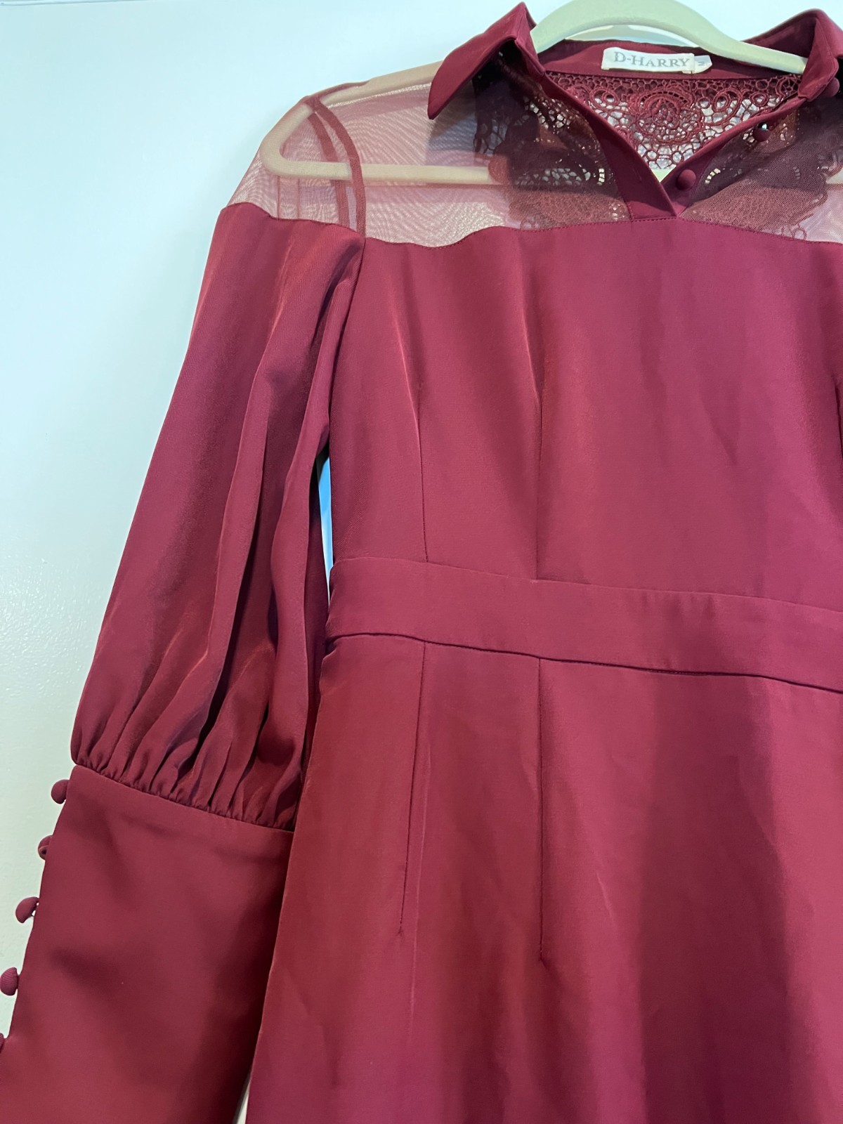 D-Harry Burgundy Lace Mesh Panel Maxi Dress Size Medium Long Sleeve Button Cuff