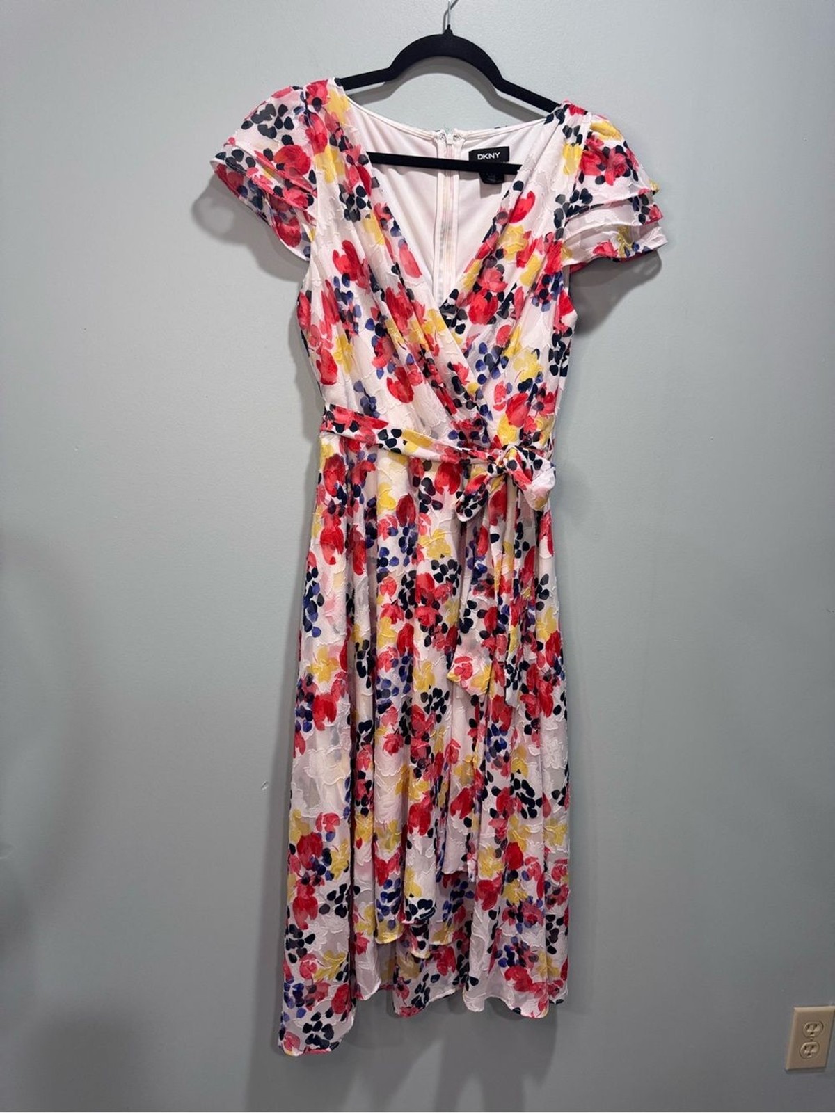 Dkny White Midi Wrap Dress with Red, Yellow & Blue Floral Print