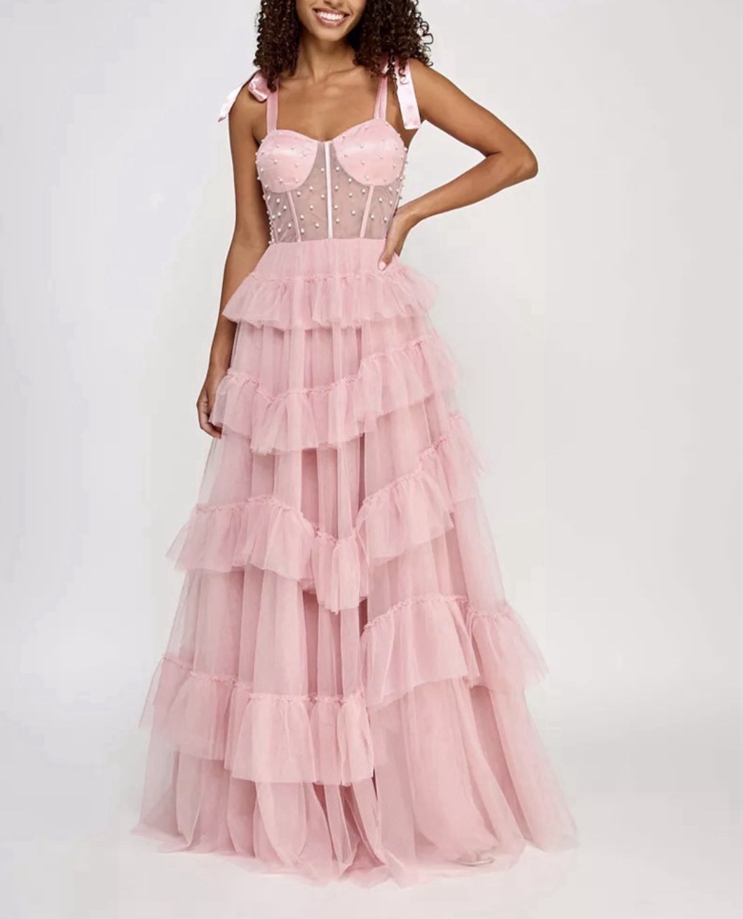 Say Yes Juniors’ Faux-Pearl-Corset Ruffle Skirt Ball Gown Pink Blush Sz 7/8 NWT