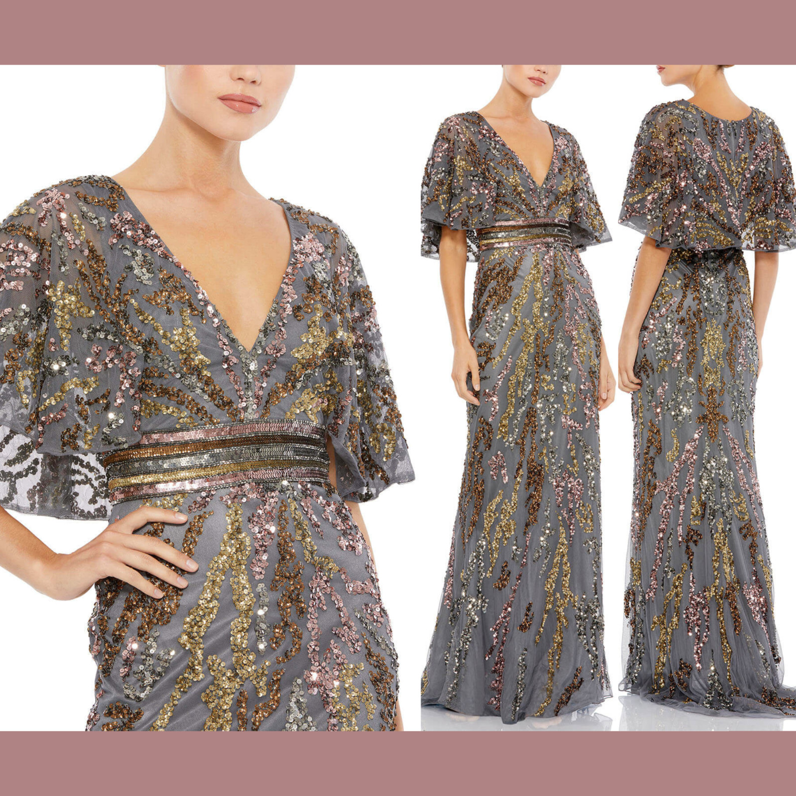 NWT $698 Mac Duggal [ 10 ] 5439 Cape Sleeve Embellished Gown in Charcoal #S1219