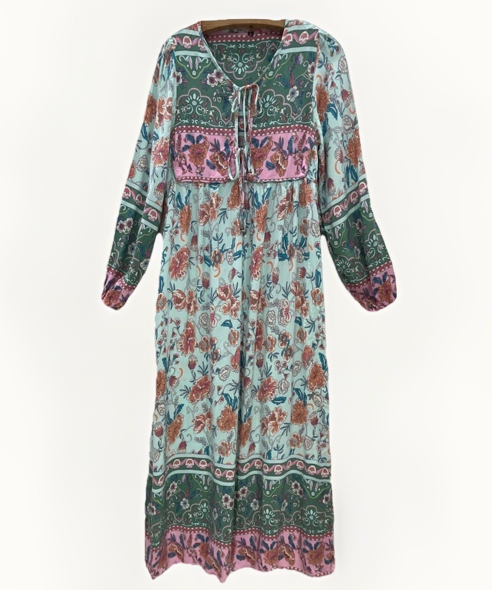 Woman’s Babydoll Sz S/M Floral Print Retro Double Tassel Boho Maxi Dress Peasant