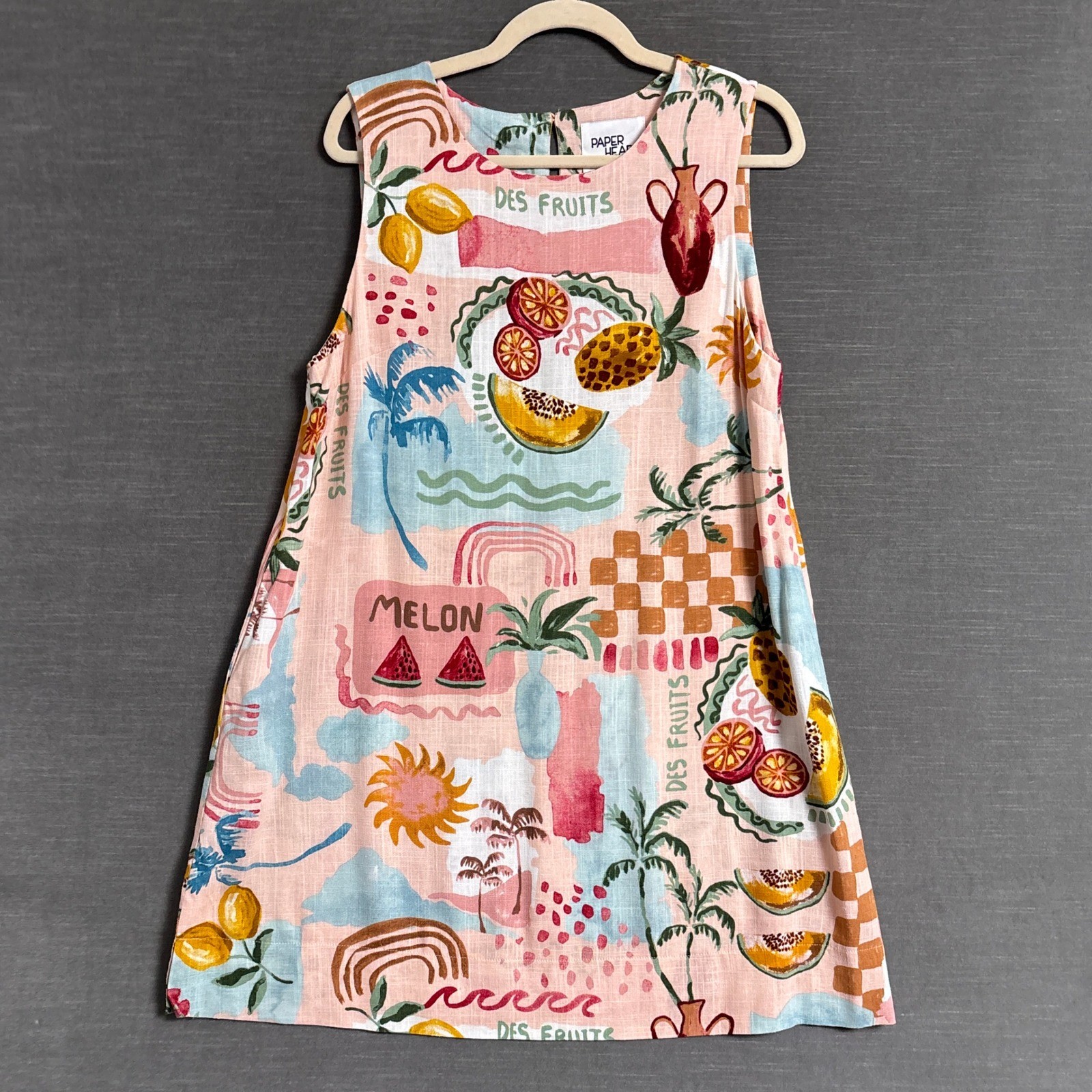Paper Heart Dress L Pink Fruit Print Linen Blend Sleeveless Pockets Shift Mini