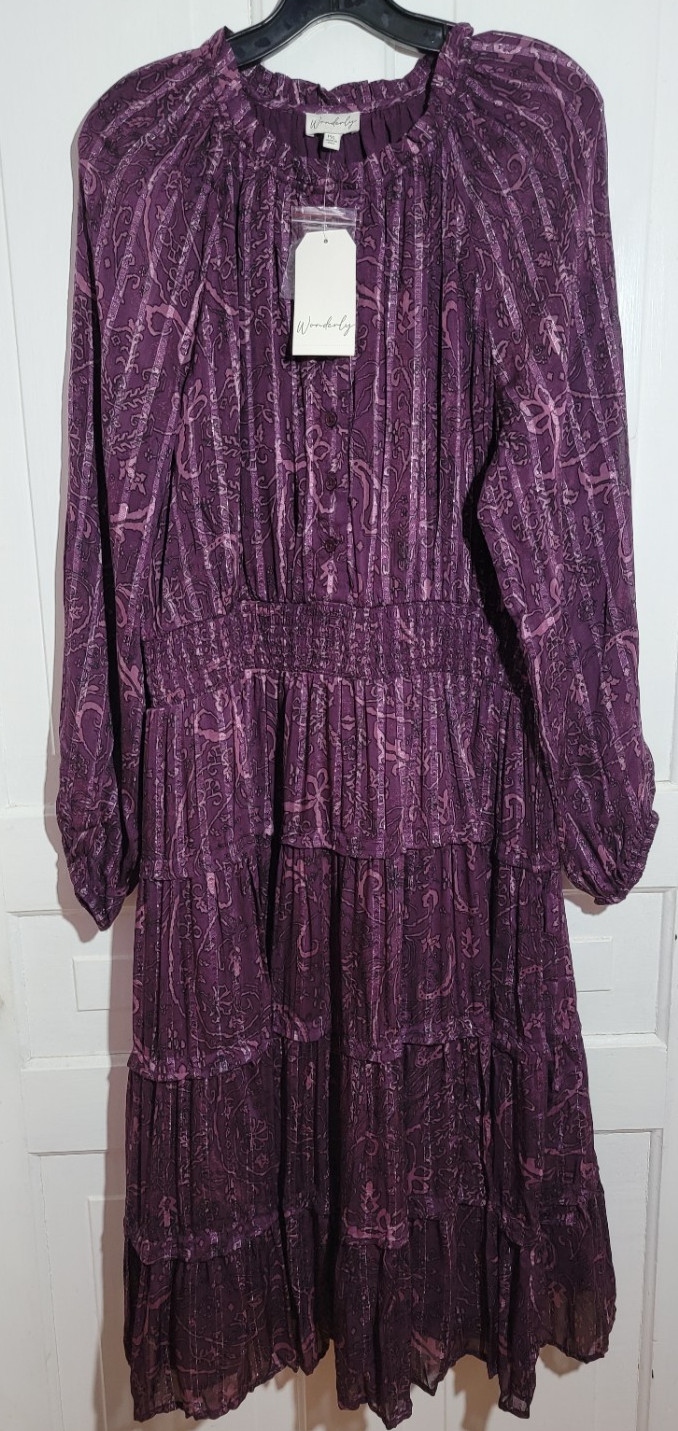 $79.50 NEW NWT Romantic Petite XL Smocked Purple Paisley Midi Dress Lined Tiered