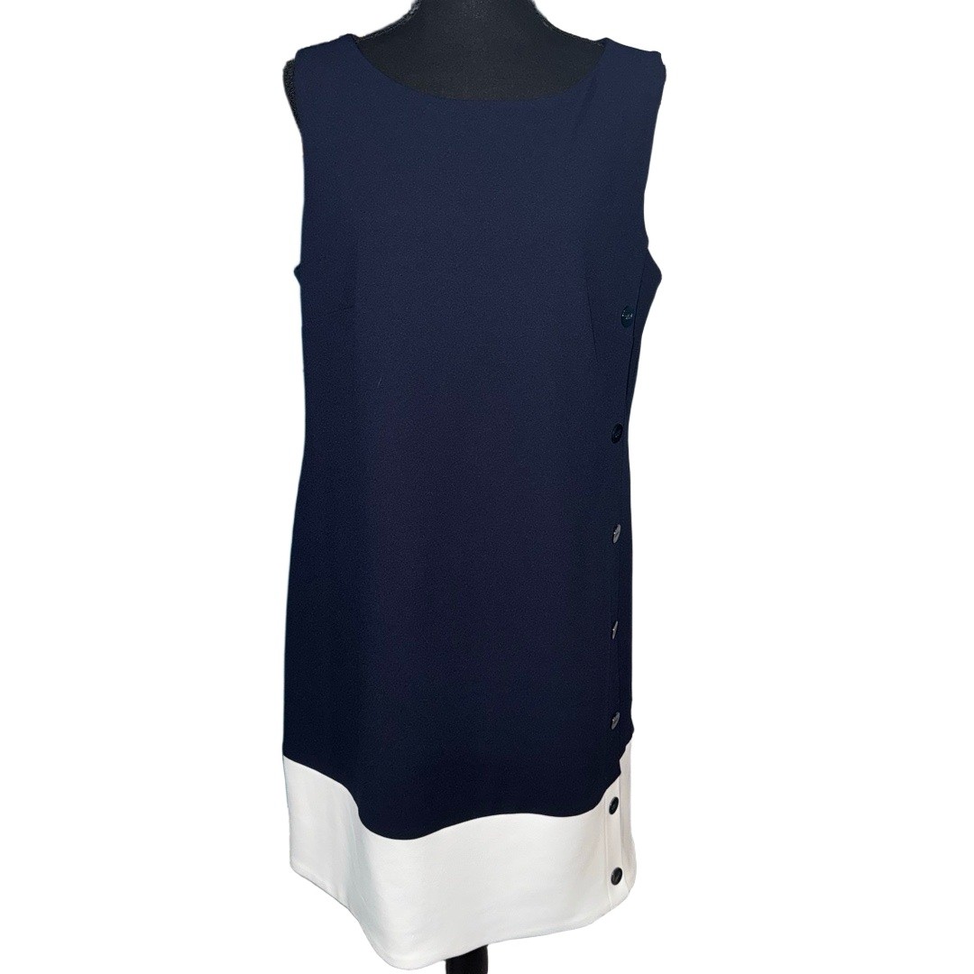 DKNY NWOT Colorblocked Button-Trim Dress in Navy|White-Size 14