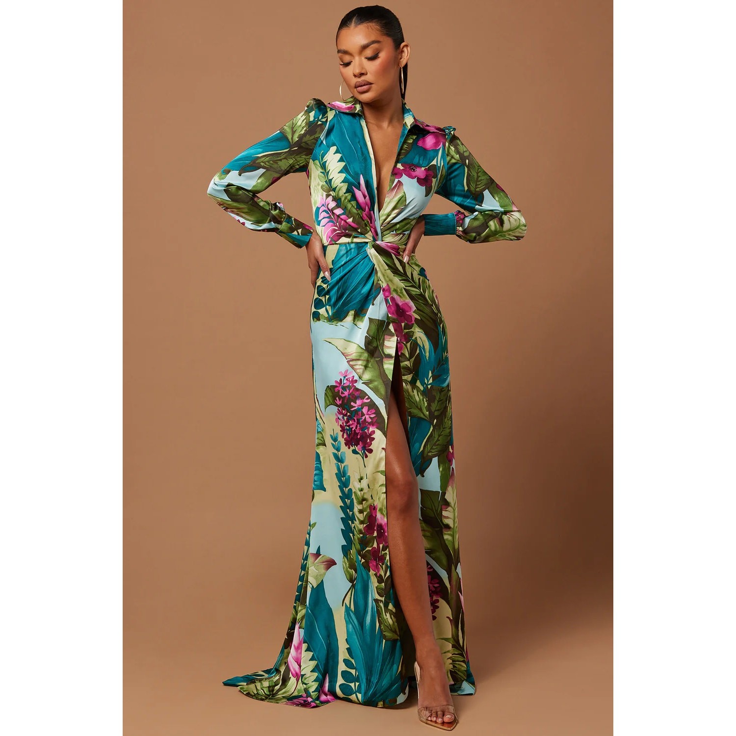 Kyoto Satin Maxi Dress Green Twist Knot High Slit Formal Gown