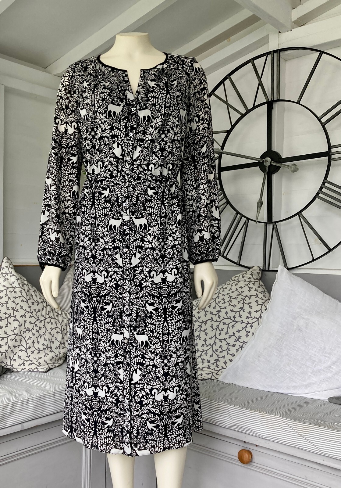 Laura Ashley Black & White Woodland Print Dress Deer Stag Dove Squirrel 10
