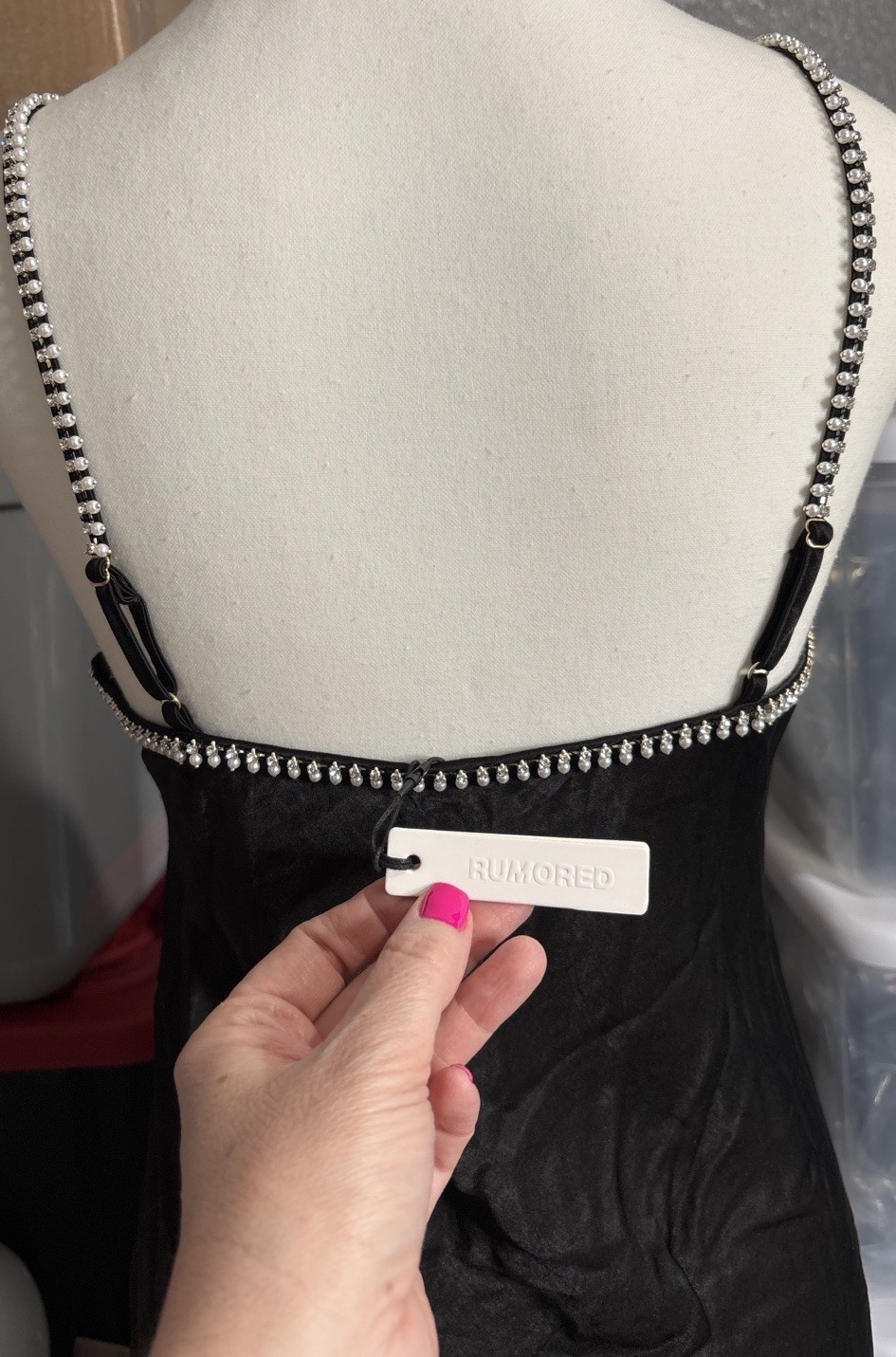 Rumored Revolve Black Satin Maxi Slip Dress Beaded Keyhole Cutout Medium