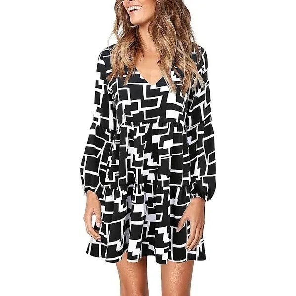 NWT Medium Cosonsen Printed Swing Shift Dress Long Sleeve V Neck Tunic