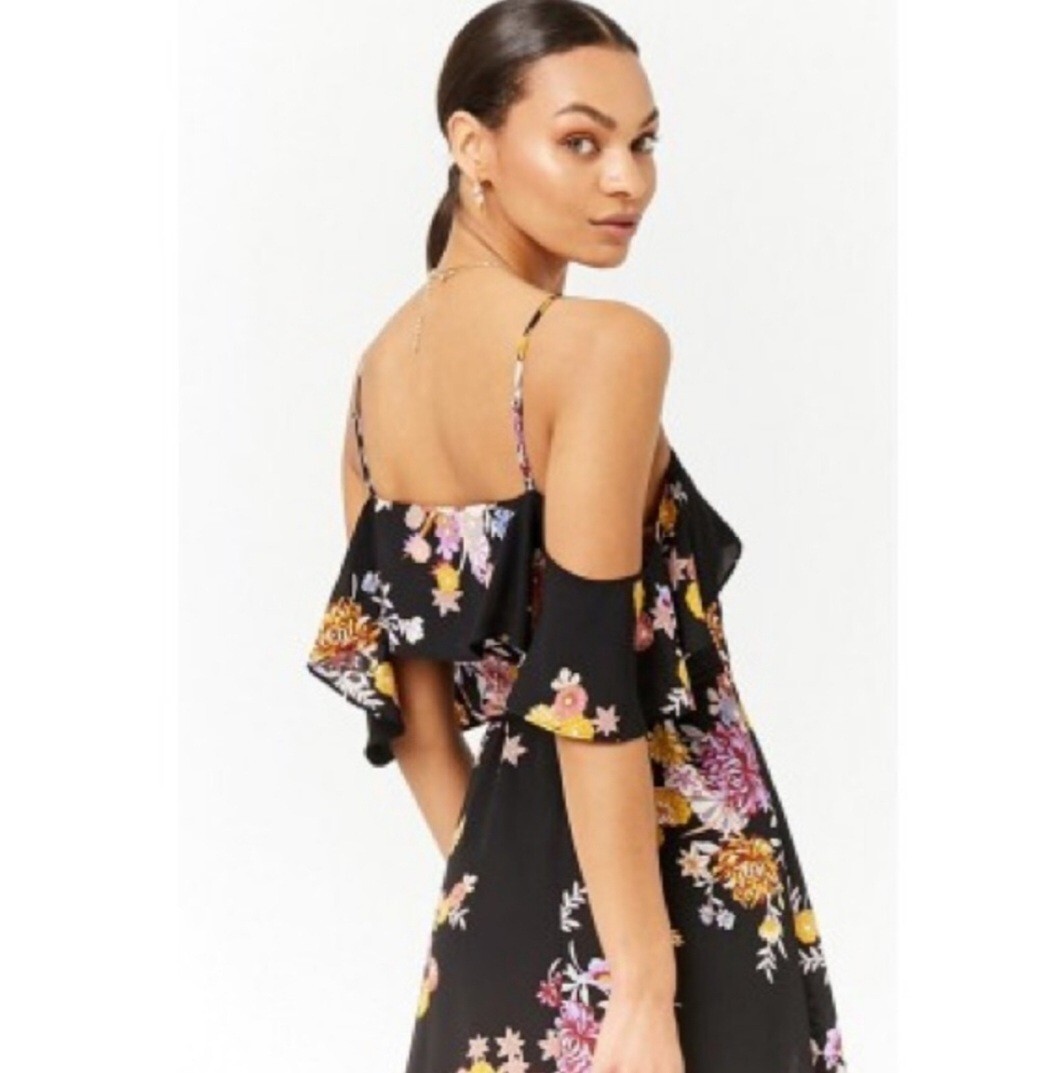 Forever 21 Black Tropical Floral Print Cold Shoulder Dress Size Small