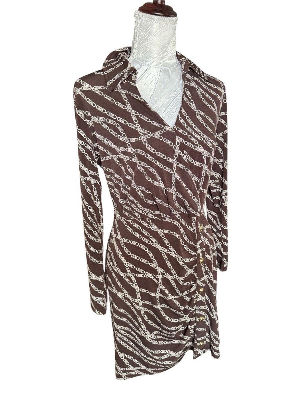 Michael Kors Brown Chain-Print Long Sleeve Wrap-Style Dress
