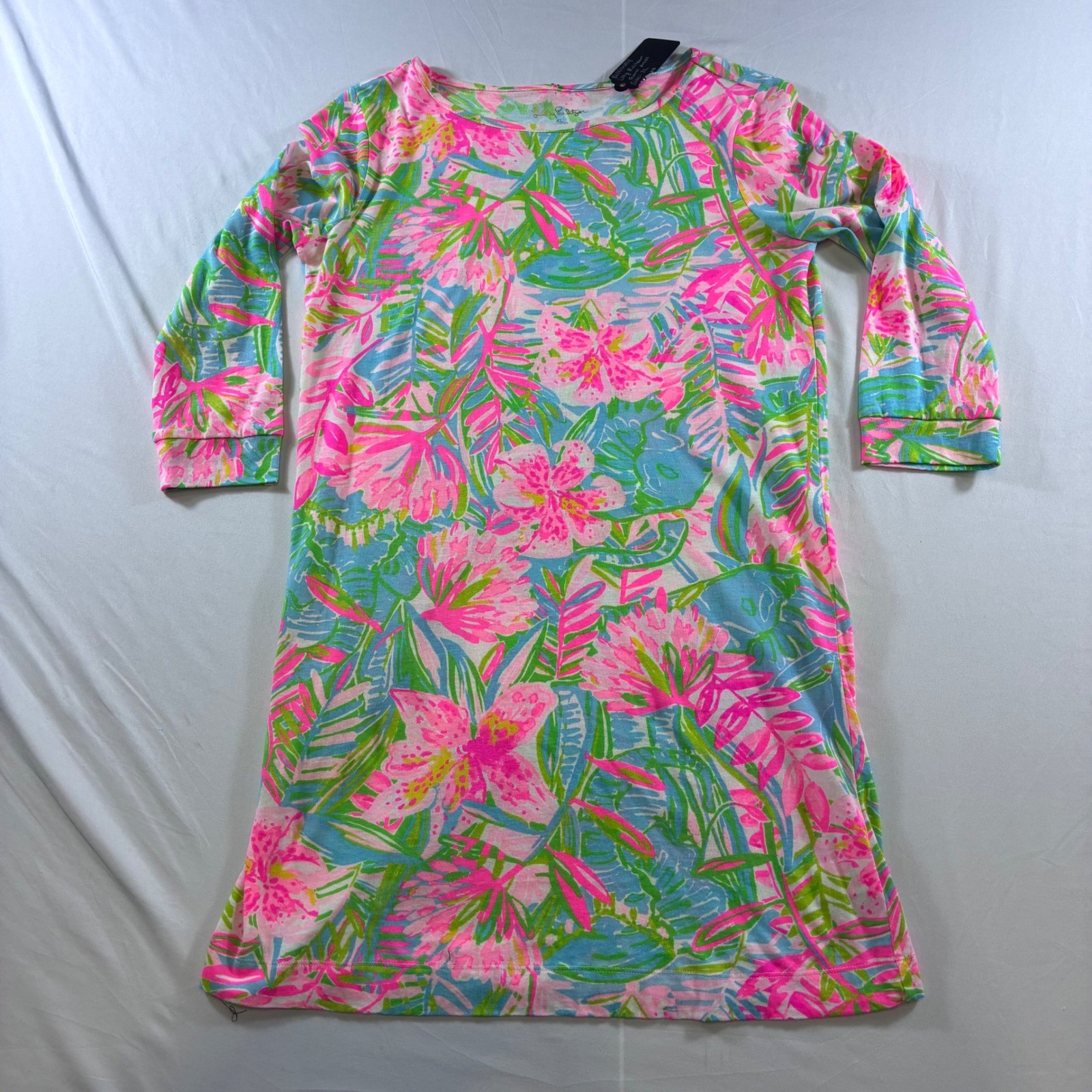 Lilly Pulitzer Womens XL Pink Blue Tropical Floral Cotton 3/4 Sleeve Shift Dress