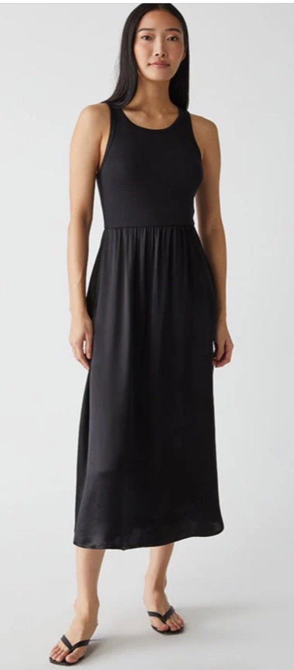 Michael Stars Bridgette Mixed Media Tank Dress Black Round Neck Satin Sz M
