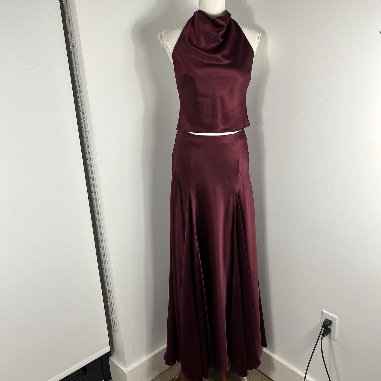 Reformation Sera Silk Two Piece set Size 6 Maxi Skirt Top Silk Boysenberry $498
