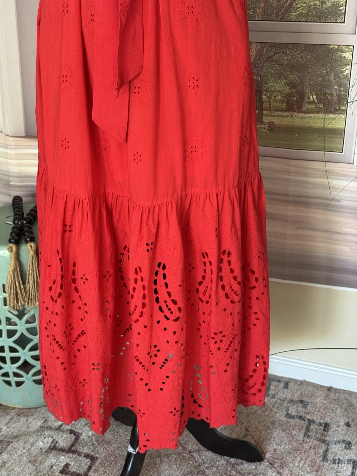 Destination 365 Red Cotton Eyelet Midi Dress,XS, NWOT