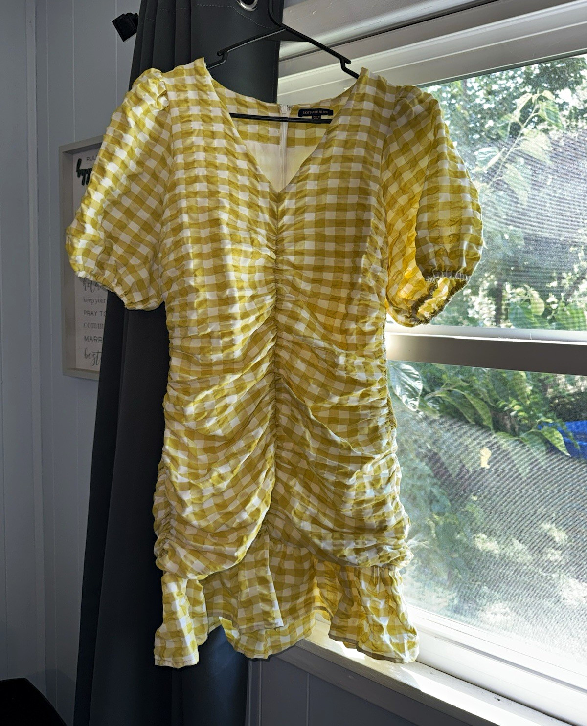 Skies Are Blue Yellow White Gingham Ruched Puff Sleeve Mini Dress S 98551DL