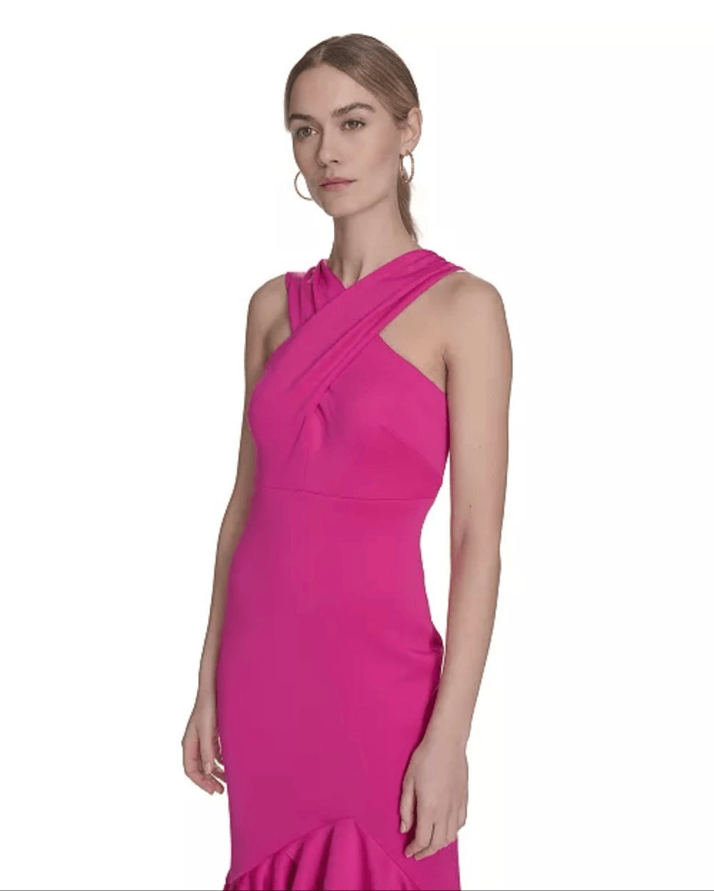 Eliza J Elegant Modern Crossover Halter Neck Sleeveless Ruffle-Trim Gown Hot Pin