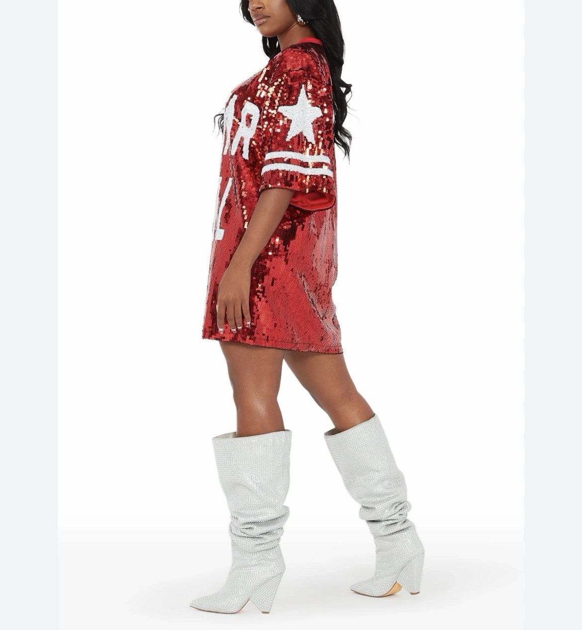 ROCKSTAR ORIG Game Day Red Sequin Mini Dress Football Jersey Oversized Sz OS