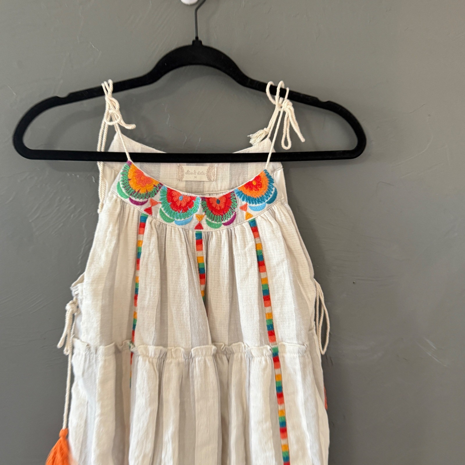 Altard State Womens Boho Embroidered Tassel Mini Dress Cream Festival Vacation
