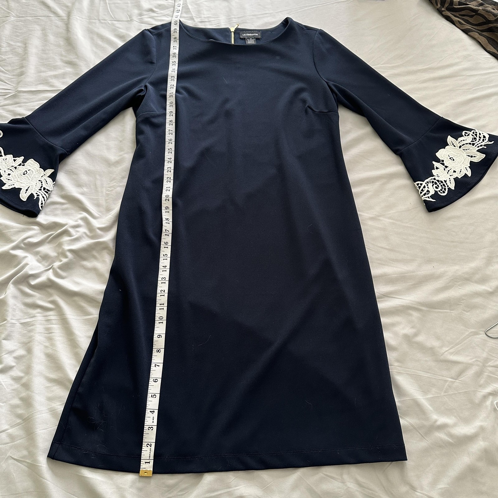 Liz Claiborne Dress Womens 16 Navy Bell Sleeve Lace Cuff Shift Knee Length