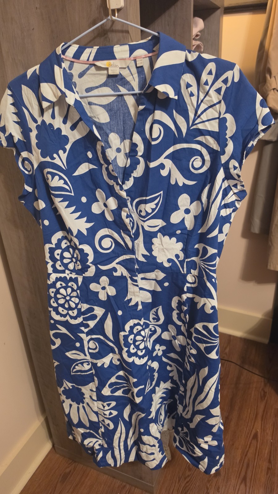 Boden Blue White Floral A-Line Collared Button Front Cap Sleeve Dress 10R