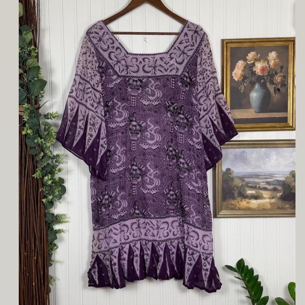 Boho Purple Sheer Bell Sleeve Mini Dress S/M
