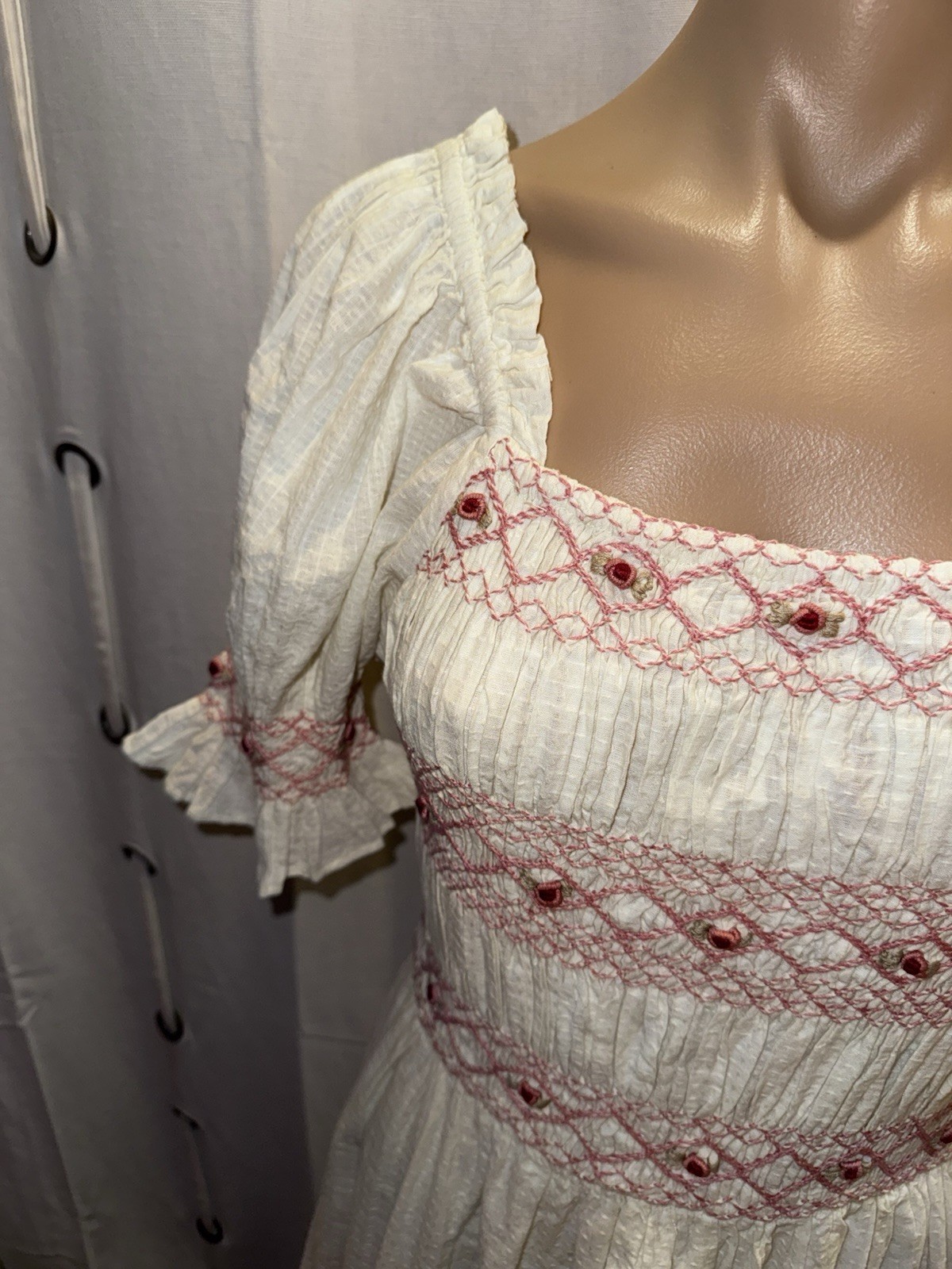 Ivy City Co. Embroidered Smocked Midi Dress Medium Ivory Romantic Cottagecore