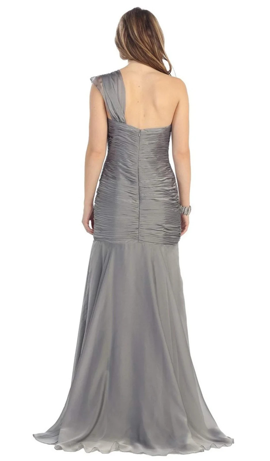 May Queen Charcoal Gray One Shoulder Embellished Beaded Chiffon Gown Size 8 $239