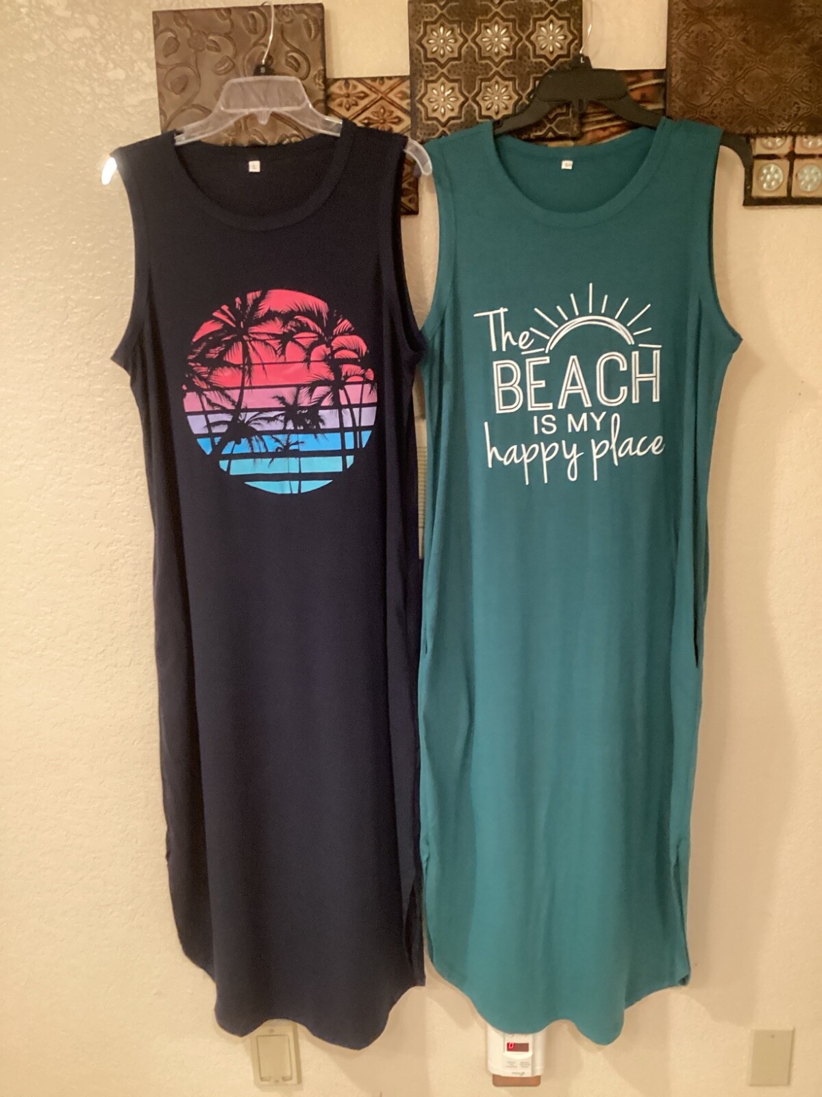 Maxi Tank Dress Navy/Palms OR Teal/Beach w/Pockets 46”Cx53″L Sz L SOLD SEPARATE