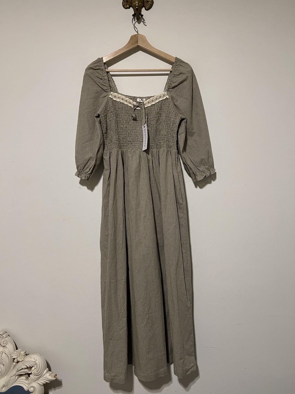NWT Neuflora Dublin Dress In Green Gingham Lace Detail Size Medium