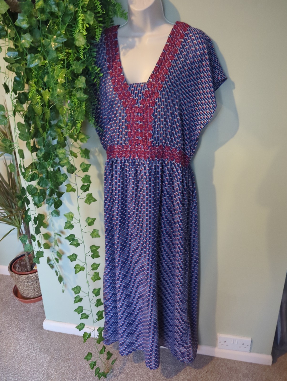 Lolly’s Laundry Judy Blue Red Retro Pattern Long Midi Dress Size XL Work Stripe