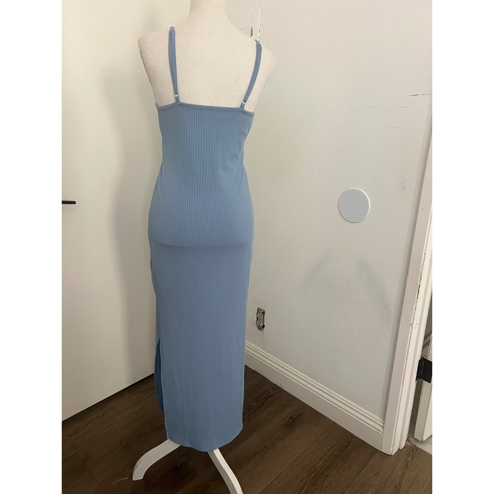 LYANER Light Blue Ribbed Tie Front Cutout Maxi Dress Small Side Slit Bodycon