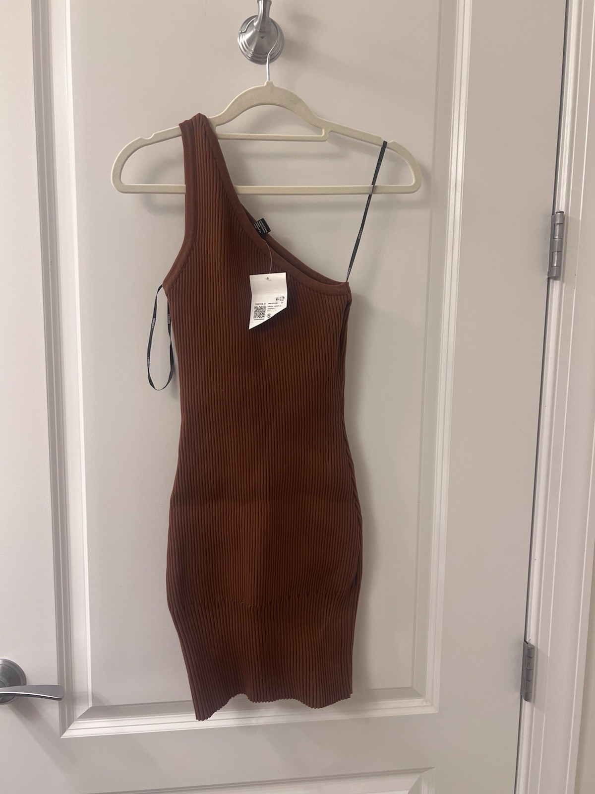 FOREVER 21 Brown Ribbed Knit One-Shoulder Bodycon Mini Dress Stretch S