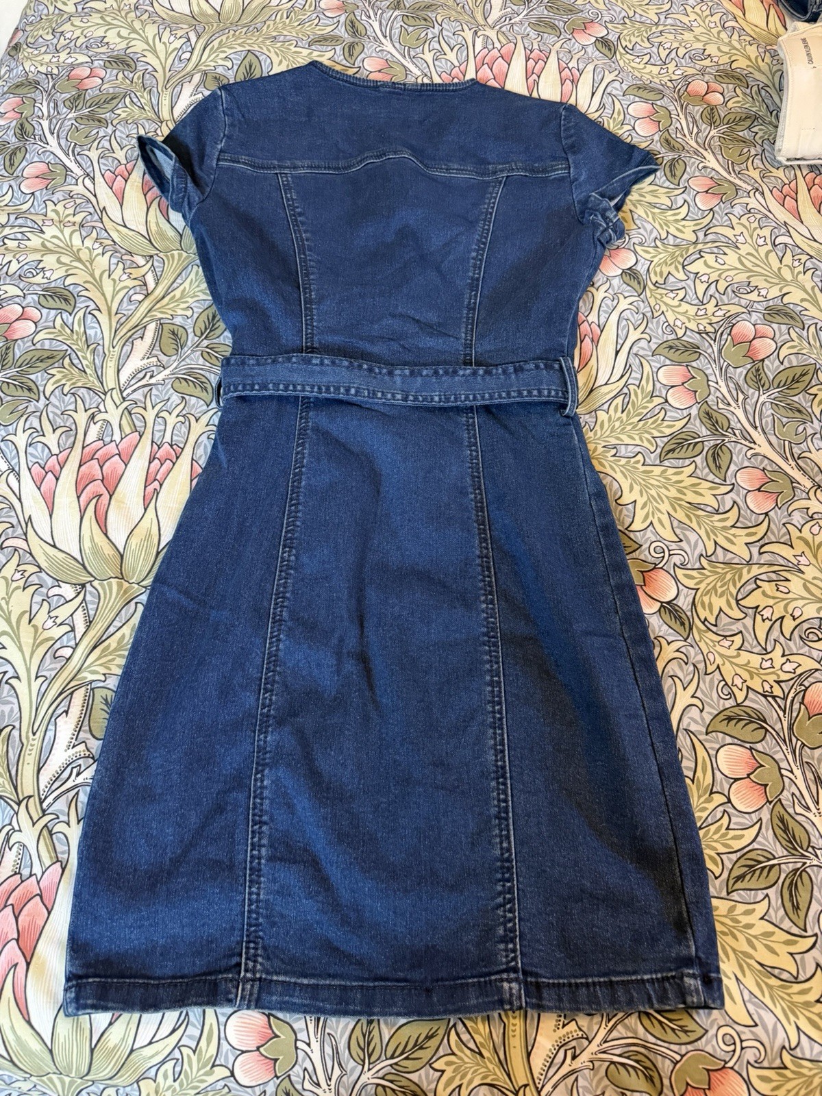 GBG Los Angeles Women’s Blue Solid Denim Shirt Dress V-Neck Belted Pockets XS
