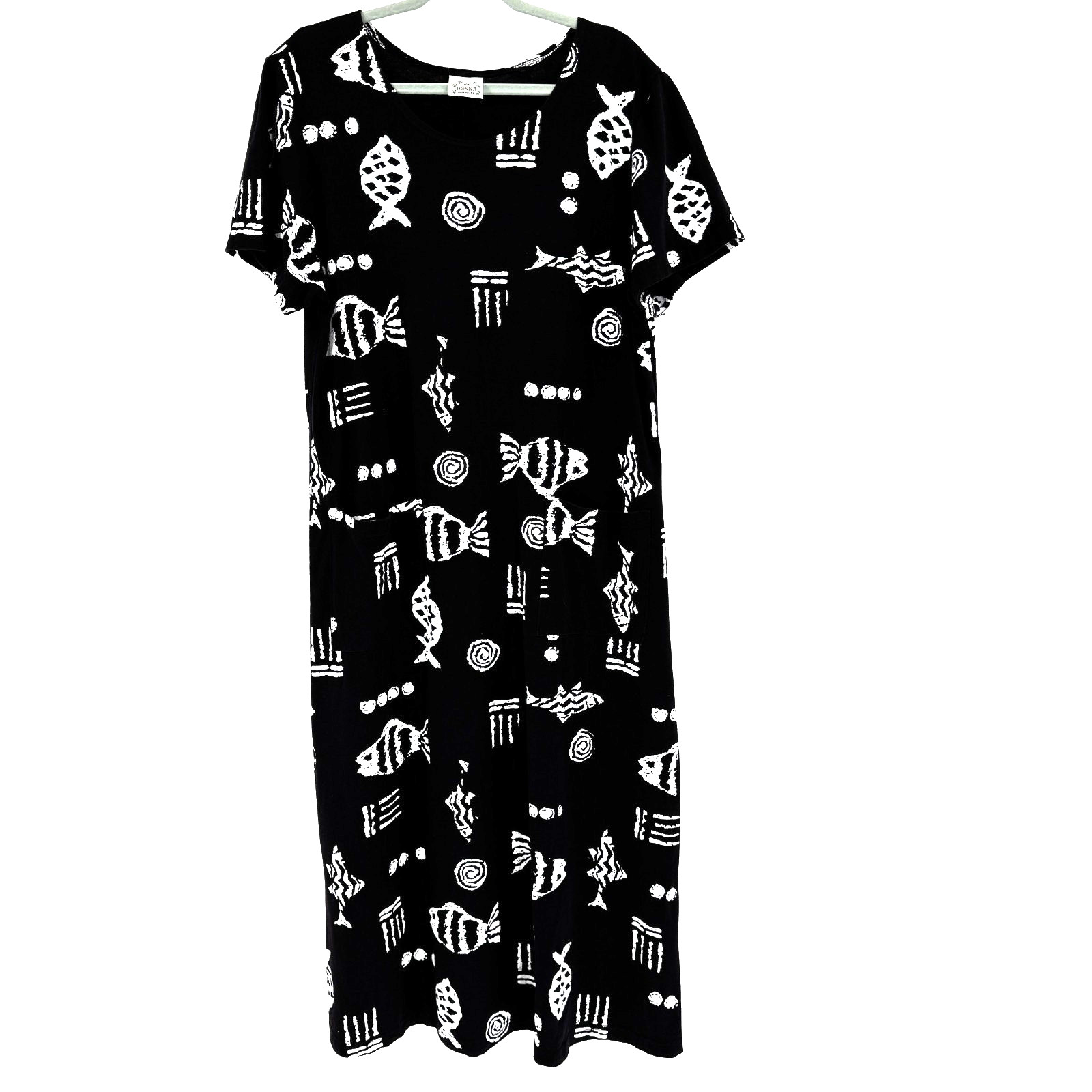 Vintage Donna USA Maxi Dress Women’s XL Black Abstract Artsy Fish MUMU Coastal