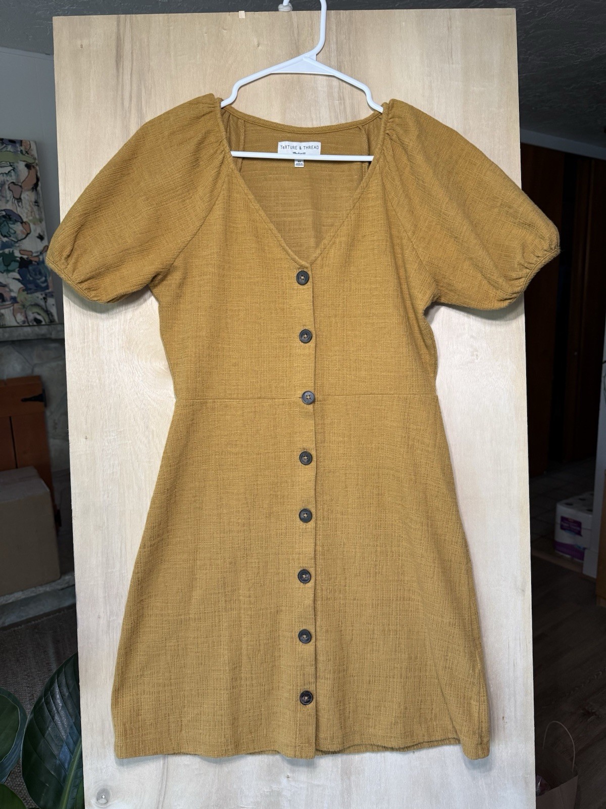 Madewell Texture & Thread Puff Sleeve Dress Women’s XS Mustard Yellow V-Neck