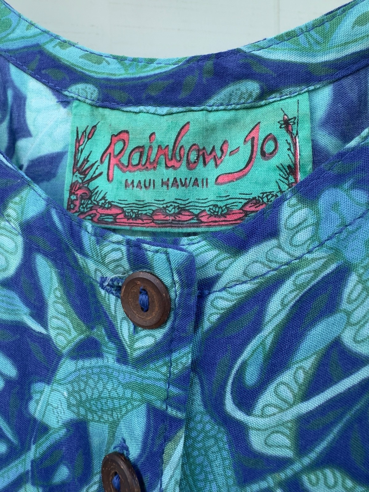 Rainbow Jo Blue Green Turtle Print Button Down Pleated Dress Size XS 17″x36″