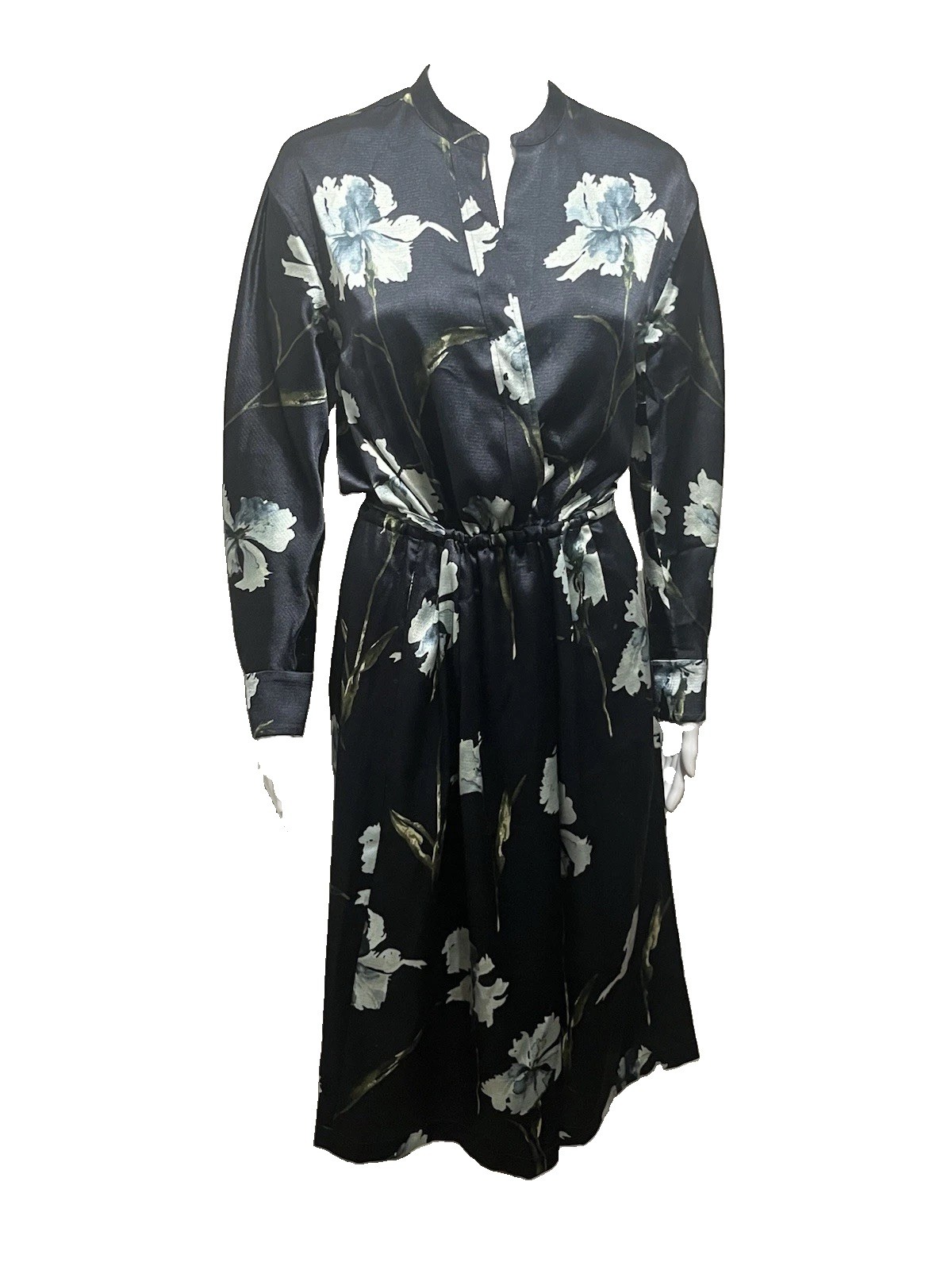 Vince Navy Floral Iris Print Long Sleeve Satin Shirt Dress Coastal Size XS $345