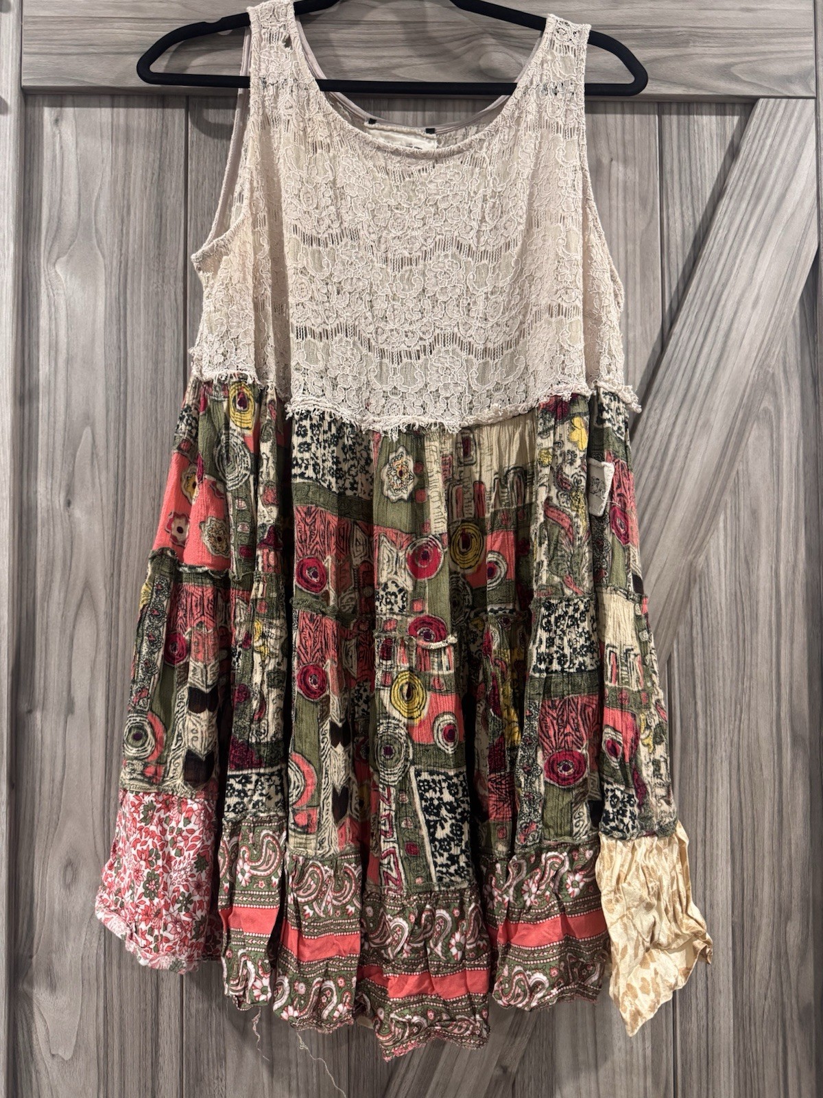 boho patchwork sleeveless floral lace tiered oversized Dress M Peasant festival