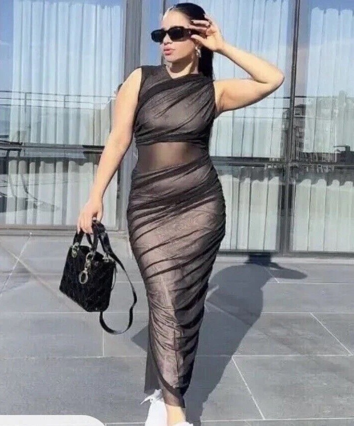 BNWT ZARA CONTRAST TULLE DRESS WOMEN DRAPED BODYCON MIDI MESH GOWN BLACK XS 8