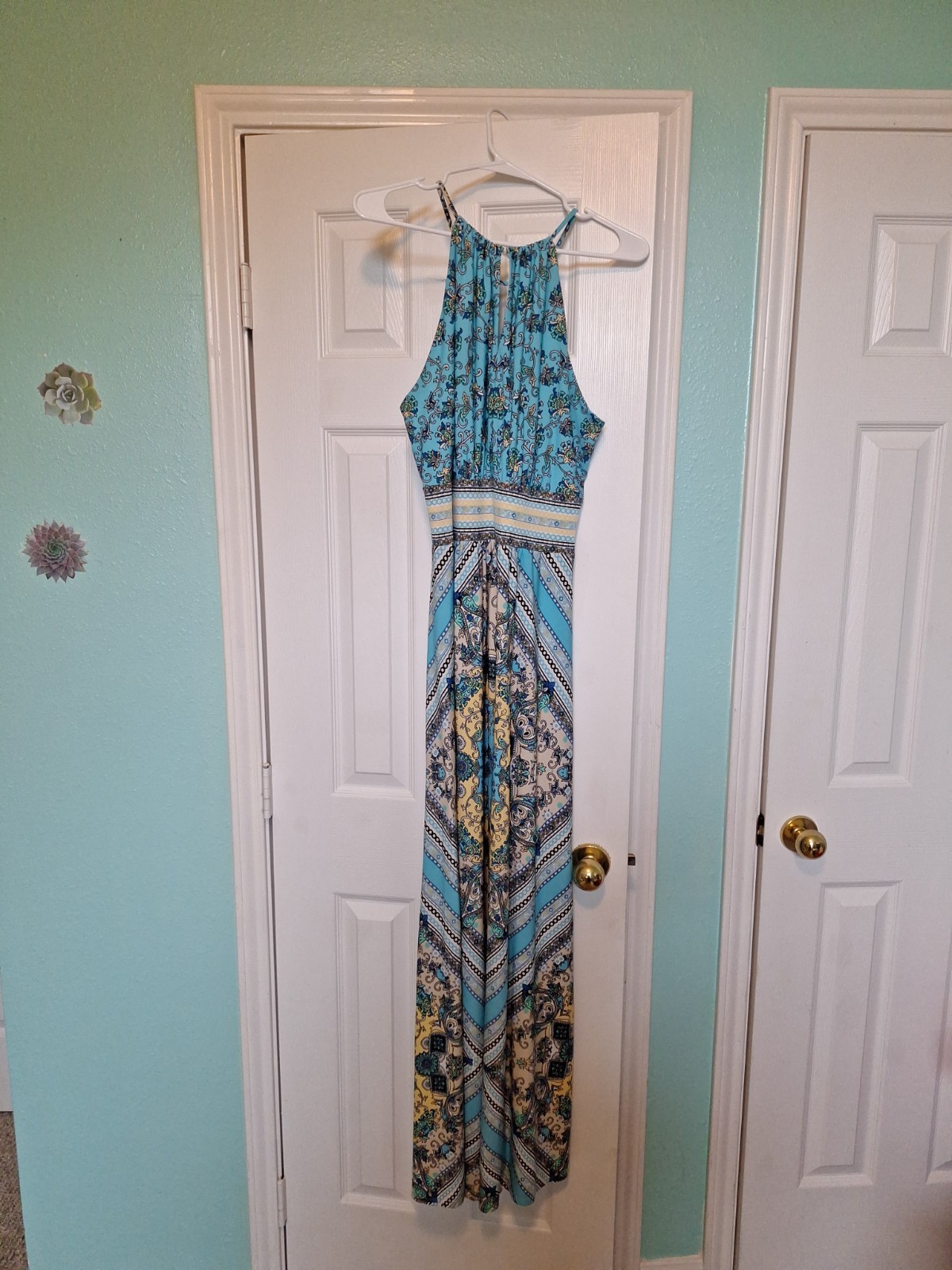 DB (Dress Barn)Turquoise and Black Geometric Pattern Size 16 Maxi Dress S/Less