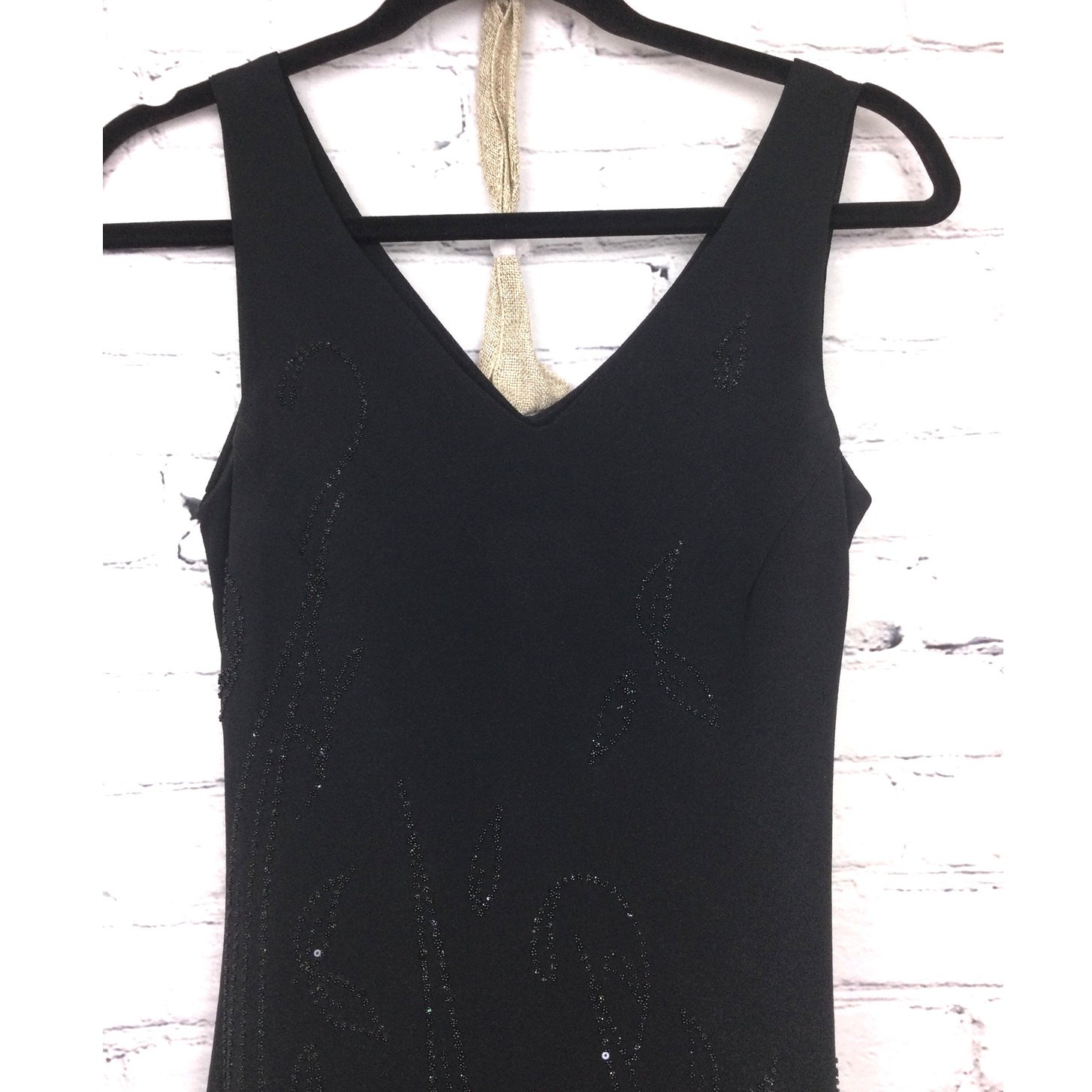 Modern Touch 90s Minimalist Gothic V-neck Bead Sleeveless Bias Cut Midi Dress L