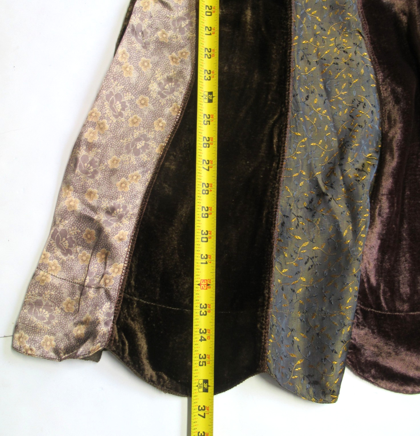 Vintage RENE DERHY VELVET PATCHWORK DRESS Brown Olive Scalloped Hem Size S Boho