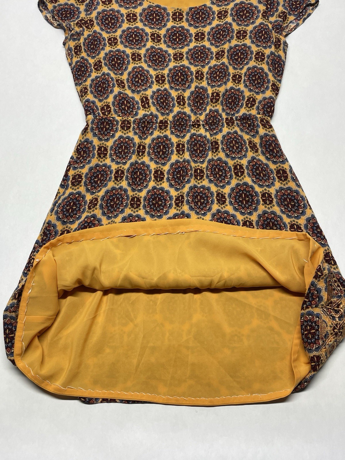 Golden Yellow Metallic Embroidered Mandala Dress Sz S Boho Funky Artsy Festival