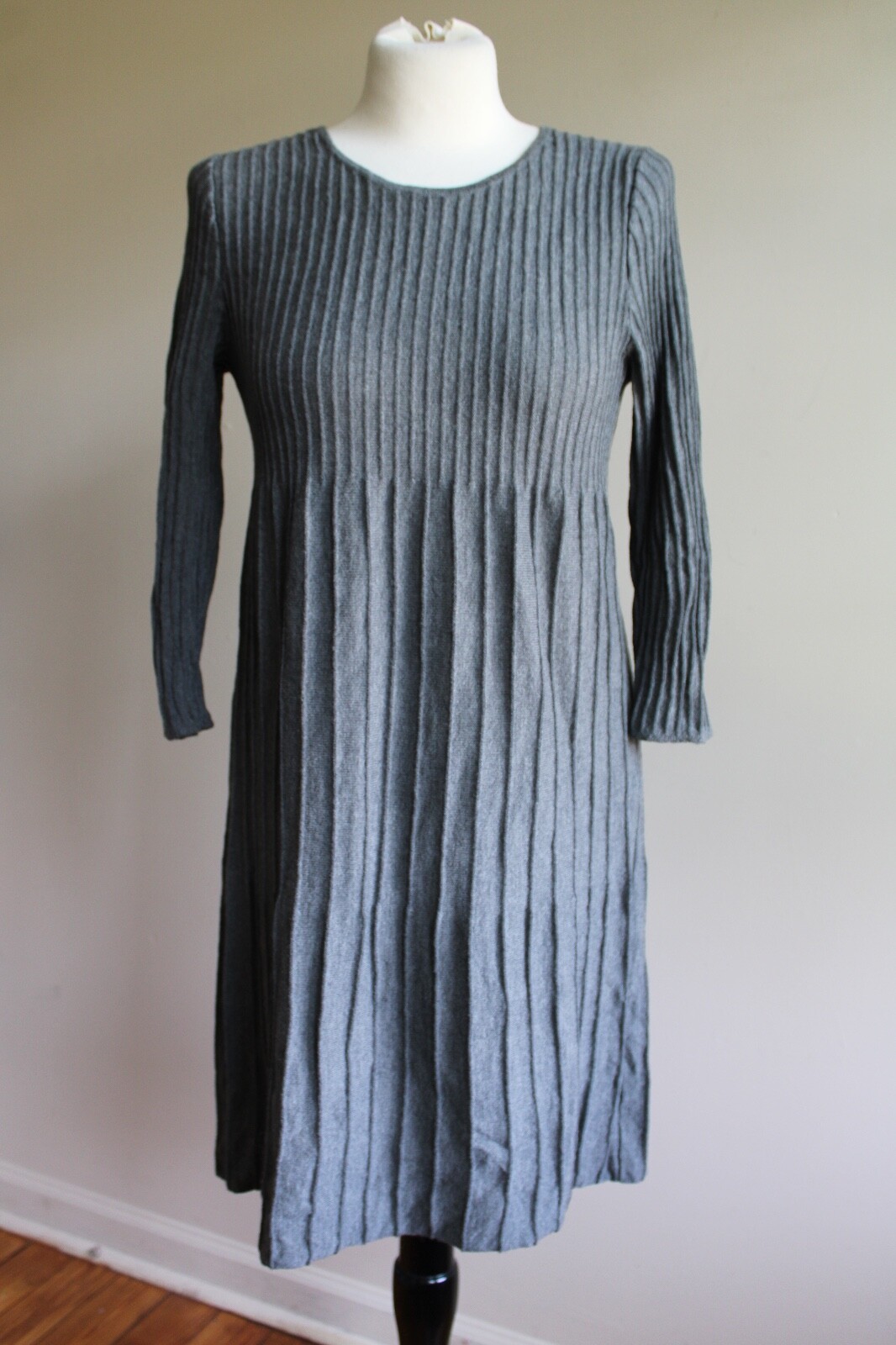 Eileen Fisher PM Charcoal Gray 100% Wool Pleat Midi Sweater Dress