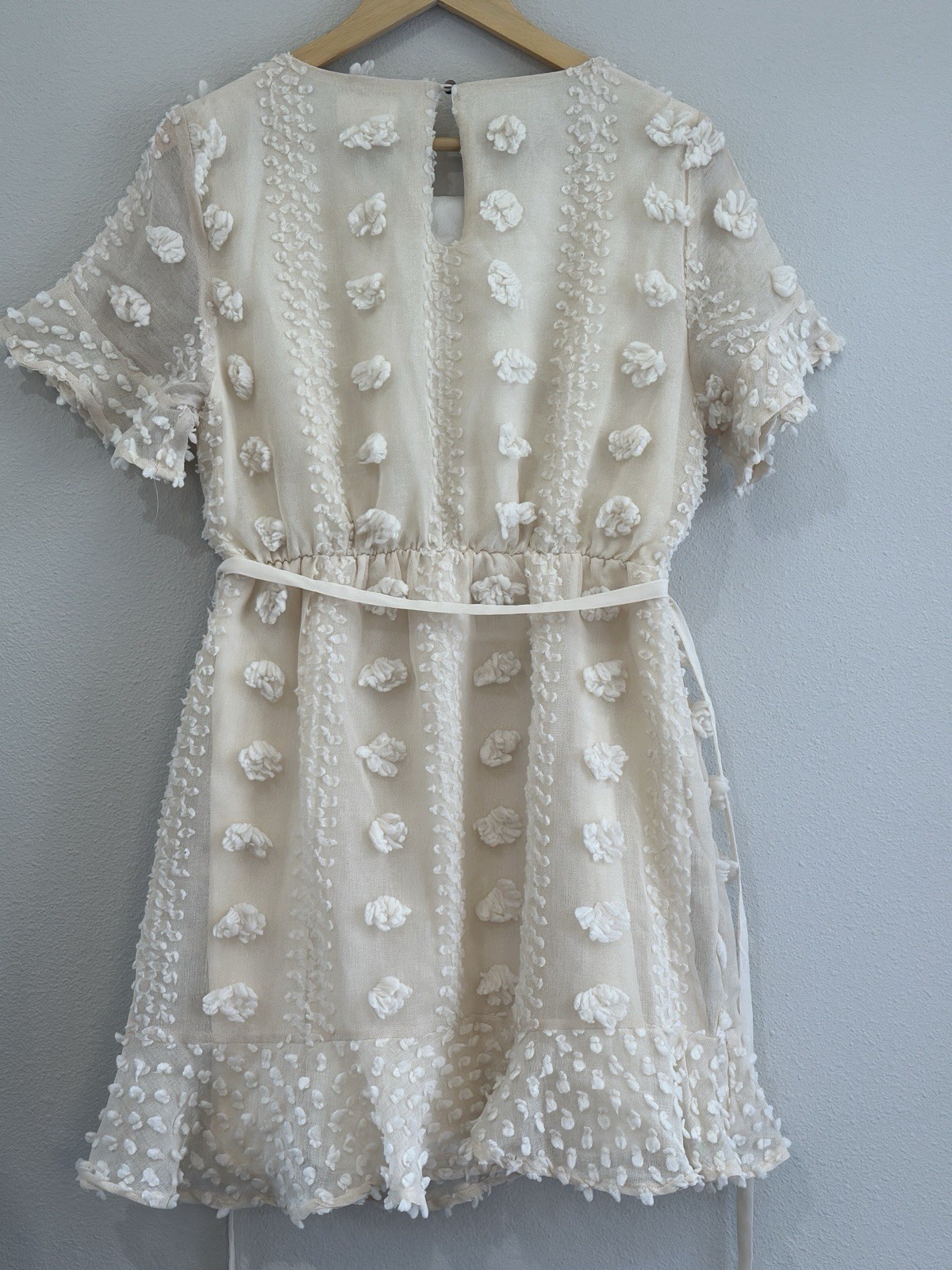 &Merci Ivory Textured Mini Dress 3D Pom Pom Floral Appliqués Size MEDIUM